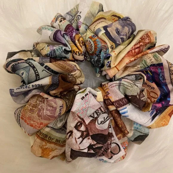 Foreign Currency Print Hair Scrunchie. Multicolor. Medium