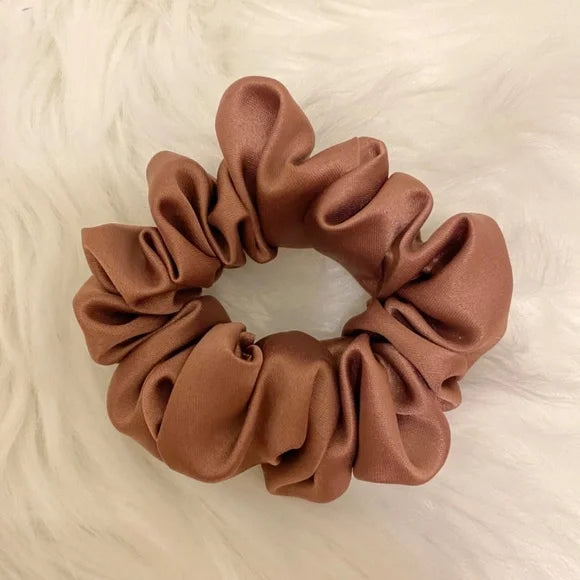 Small Mocha Satin Scrunchie – 100% Polyester Hair Accessory for Ponytails & Buns