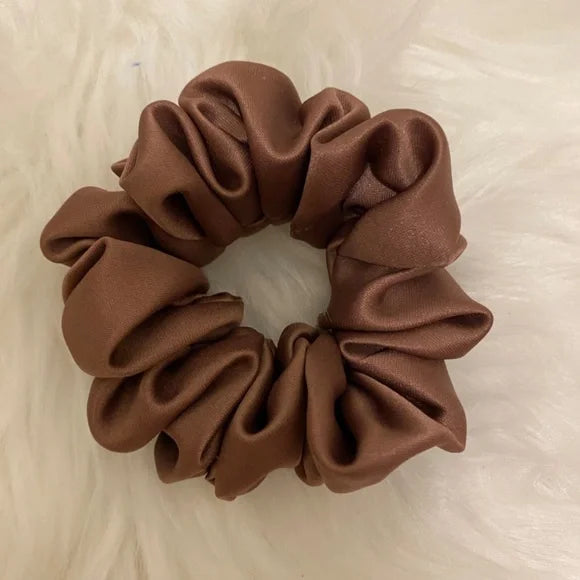 Small Mocha Satin Scrunchie – 100% Polyester Hair Accessory for Ponytails & Buns