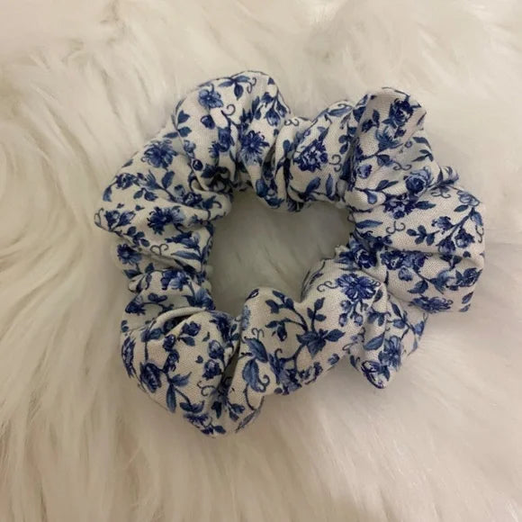 Floral Hair Scrunchie. Blue Multi. Small (Mini)