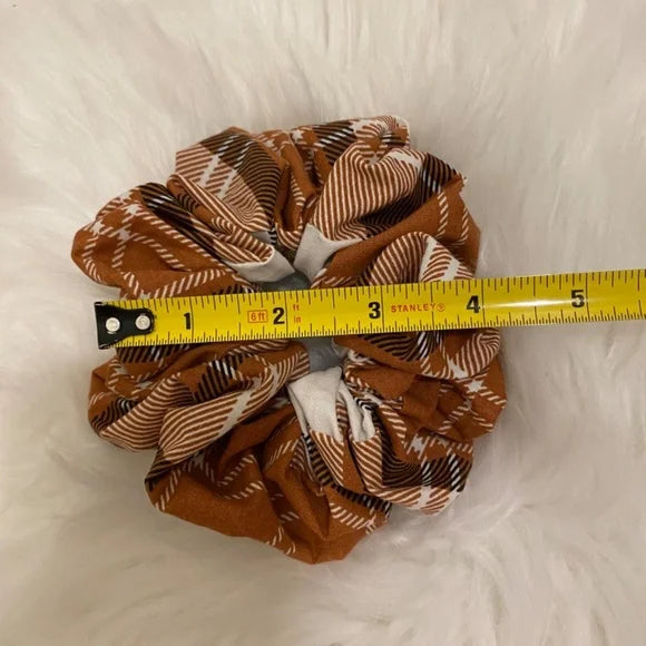 Plaid Hair Scrunchie. Caramel Brown Multi. Medium