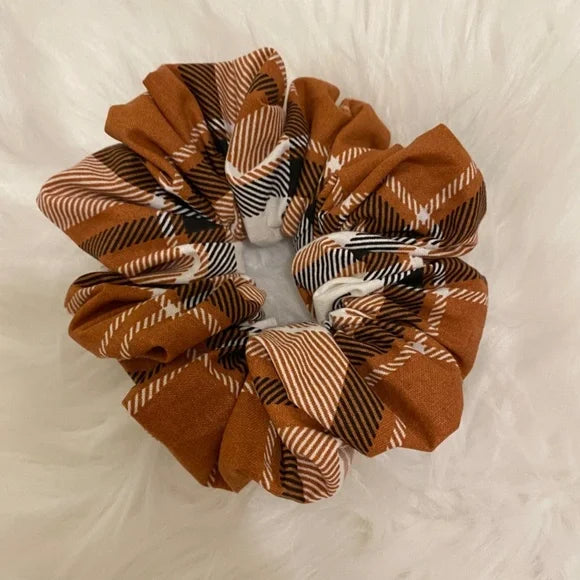 Plaid Hair Scrunchie. Caramel Brown Multi. Medium