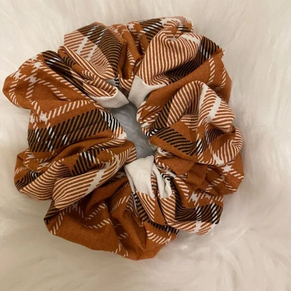 Plaid Hair Scrunchie. Caramel Brown Multi. Medium