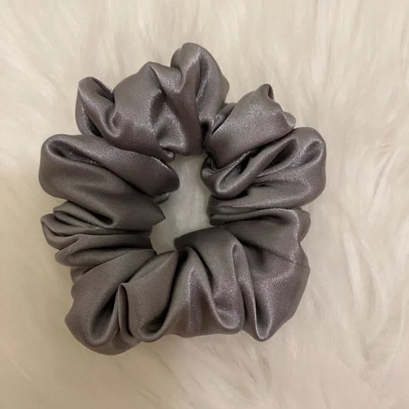 Small Gray Satin Scrunchie – 100% Polyester Hair Accessory for Ponytails & Buns