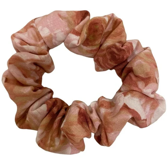 Rose Print Print Hair Scrunchie. Pink Multi. Small (Mini)