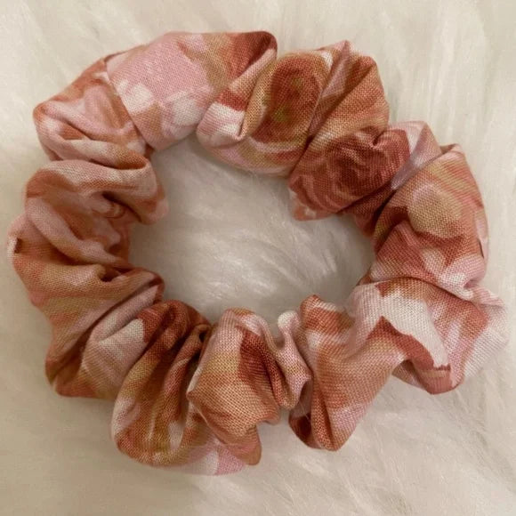 Rose Print Print Hair Scrunchie. Pink Multi. Small (Mini)