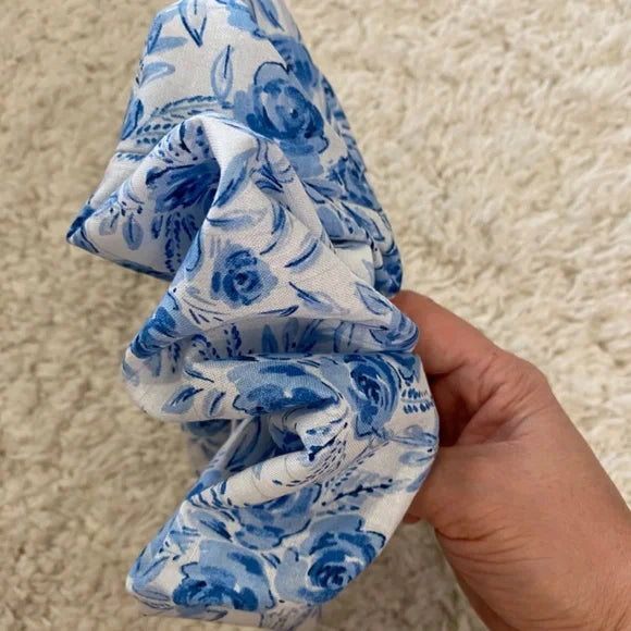 XL Blue Floral Cotton Scrunchie – Extra Large 100% Cotton Hair Accessory for Thick Hair, Ponytails & Buns