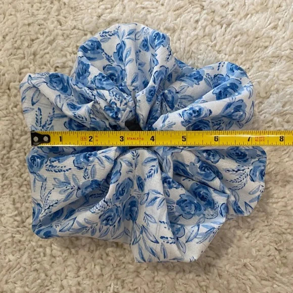 XL Blue Floral Cotton Scrunchie – Extra Large 100% Cotton Hair Accessory for Thick Hair, Ponytails & Buns