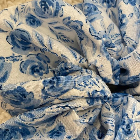 XL Blue Floral Cotton Scrunchie – Extra Large 100% Cotton Hair Accessory for Thick Hair, Ponytails & Buns