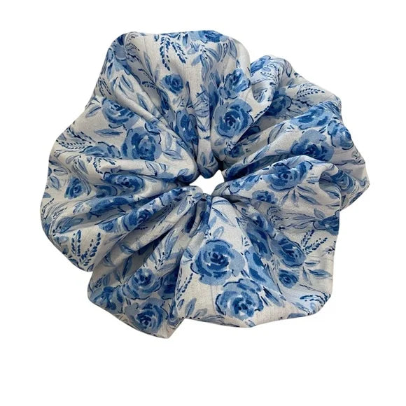 XL Blue Floral Cotton Scrunchie – Extra Large 100% Cotton Hair Accessory for Thick Hair, Ponytails & Buns