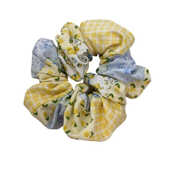 Small Yellow and Blue Patchwork Cotton Scrunchie – 100% Cotton Hair Accessory for Ponytails & Buns