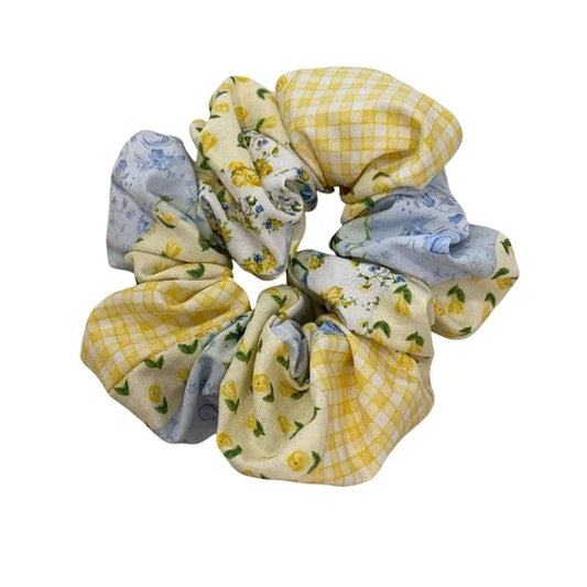 Small Yellow and Blue Patchwork Cotton Scrunchie – 100% Cotton Hair Accessory for Ponytails & Buns