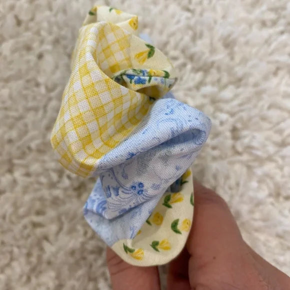 Small Yellow and Blue Patchwork Cotton Scrunchie – 100% Cotton Hair Accessory for Ponytails & Buns