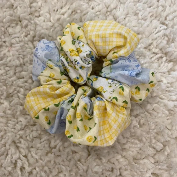 Small Yellow and Blue Patchwork Cotton Scrunchie – 100% Cotton Hair Accessory for Ponytails & Buns