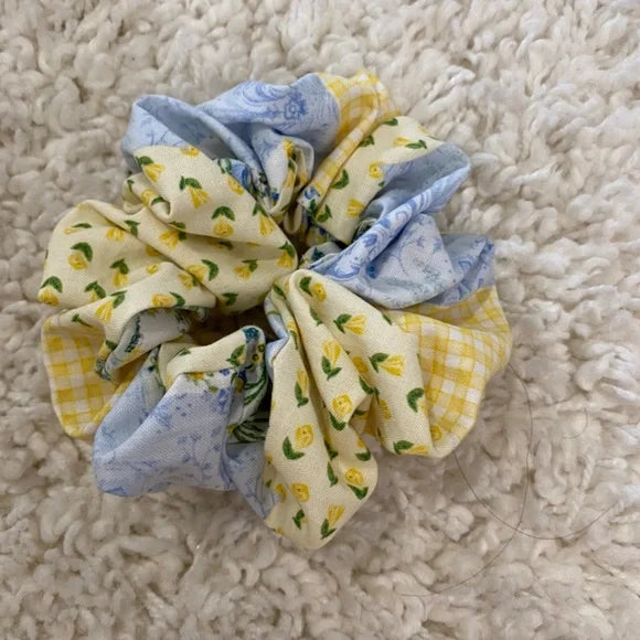 Small Yellow and Blue Patchwork Cotton Scrunchie – 100% Cotton Hair Accessory for Ponytails & Buns