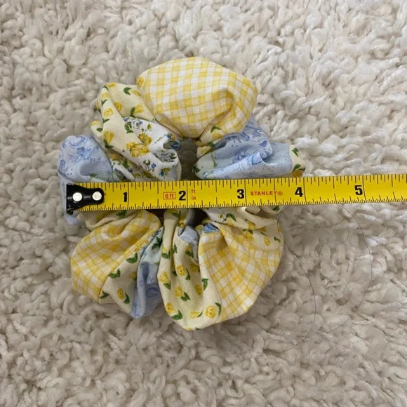 Small Yellow and Blue Patchwork Cotton Scrunchie – 100% Cotton Hair Accessory for Ponytails & Buns