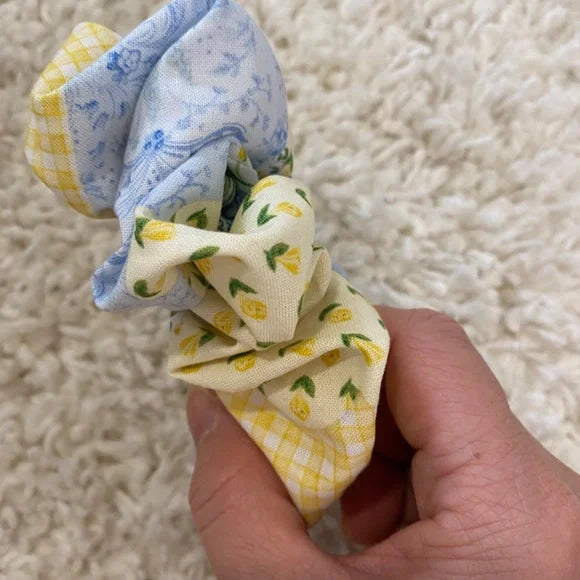 Small Yellow and Blue Patchwork Cotton Scrunchie – 100% Cotton Hair Accessory for Ponytails & Buns