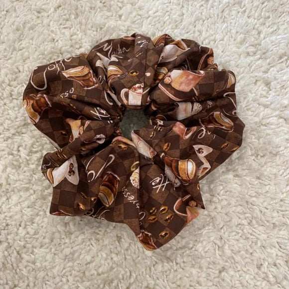 XL Coffee Lover’s Cotton Scrunchie – Extra Large 100% Cotton Hair Accessory with Espresso Print