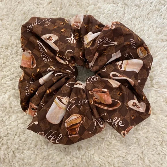 XL Coffee Lover’s Cotton Scrunchie – Extra Large 100% Cotton Hair Accessory with Espresso Print