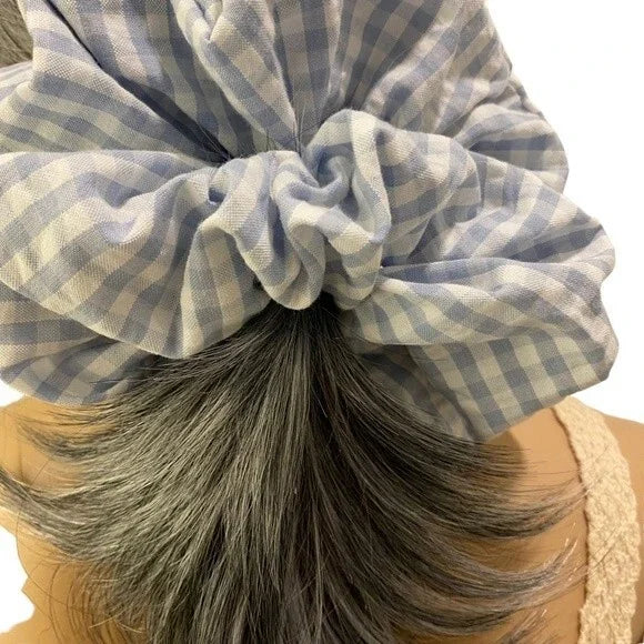 XL Blue and White Gingham Cotton Scrunchie – Extra Large 100% Cotton Hair Accessory for Ponytails & Buns