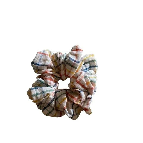 Small Pastel Plaid Cotton Scrunchie – 100% Cotton Hair Accessory for Ponytails & Buns