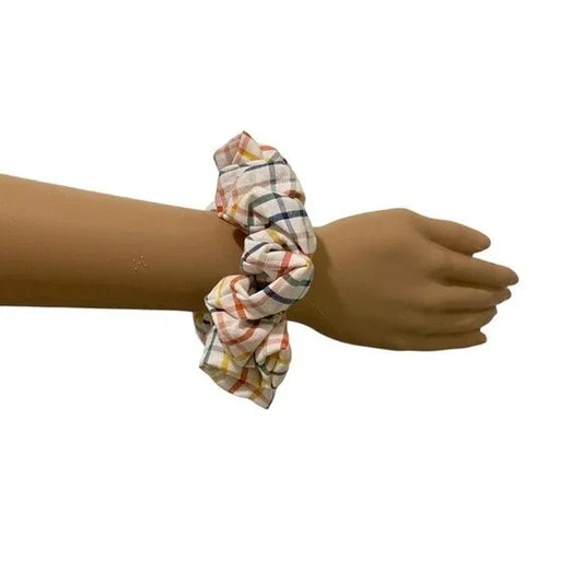 Small Pastel Plaid Cotton Scrunchie – 100% Cotton Hair Accessory for Ponytails & Buns