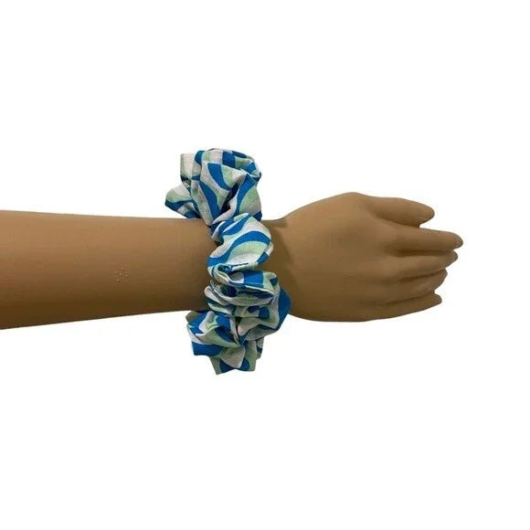 Blue and White Patterned Hair Scrunchie. Small (Mini).