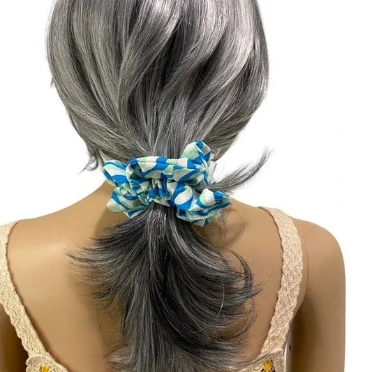 Blue and White Patterned Hair Scrunchie. Small (Mini).
