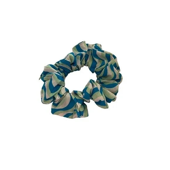 Blue and White Patterned Hair Scrunchie. Small (Mini).