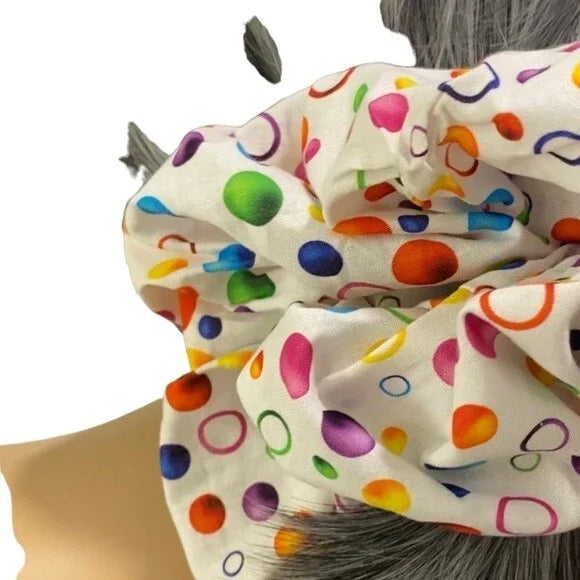 XL Rainbow Bubbles Print Cotton Scrunchie – Extra Large 100% Cotton Hair Accessory for Thick Hair, Ponytails & Buns