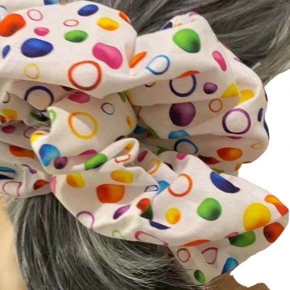 XL Rainbow Bubbles Print Cotton Scrunchie – Extra Large 100% Cotton Hair Accessory for Thick Hair, Ponytails & Buns