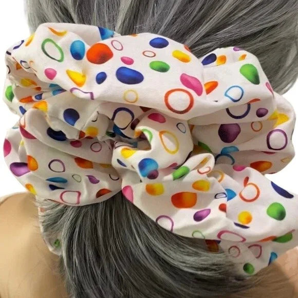 XL Rainbow Bubbles Print Cotton Scrunchie – Extra Large 100% Cotton Hair Accessory for Thick Hair, Ponytails & Buns