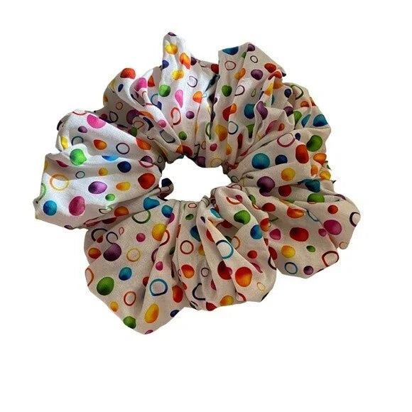 XL Rainbow Bubbles Print Cotton Scrunchie – Extra Large 100% Cotton Hair Accessory for Thick Hair, Ponytails & Buns