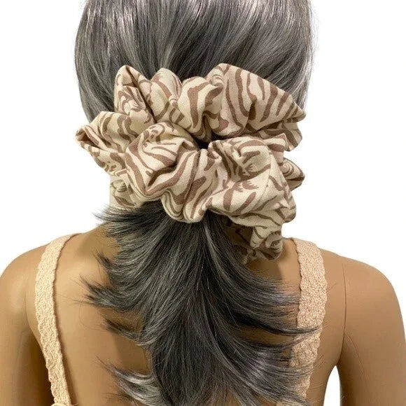 Hair Scrunchie. Multicolor. XL. Tiger Print. Brown/Cream
