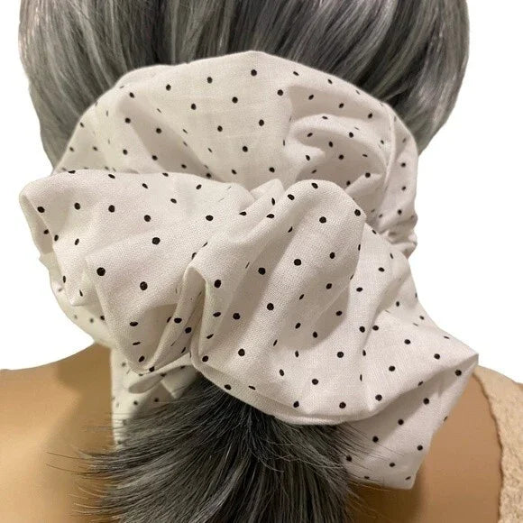 Hair Scrunchie. Black/White Mini Polka Dot. XL