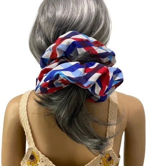 XXL Geometric Red, Blue & White Scrunchie – Extra Large 90% Polyester 10% Cotton Hair Accessory