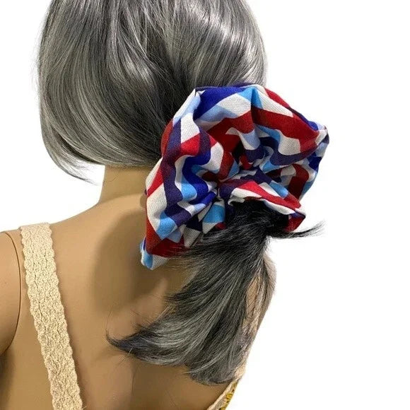 XXL Geometric Red, Blue & White Scrunchie – Extra Large 90% Polyester 10% Cotton Hair Accessory