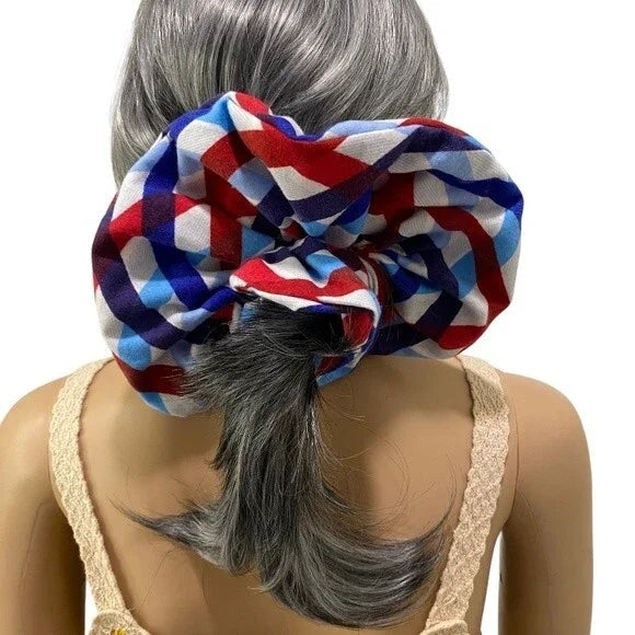 XXL Geometric Red, Blue & White Scrunchie – Extra Large 90% Polyester 10% Cotton Hair Accessory