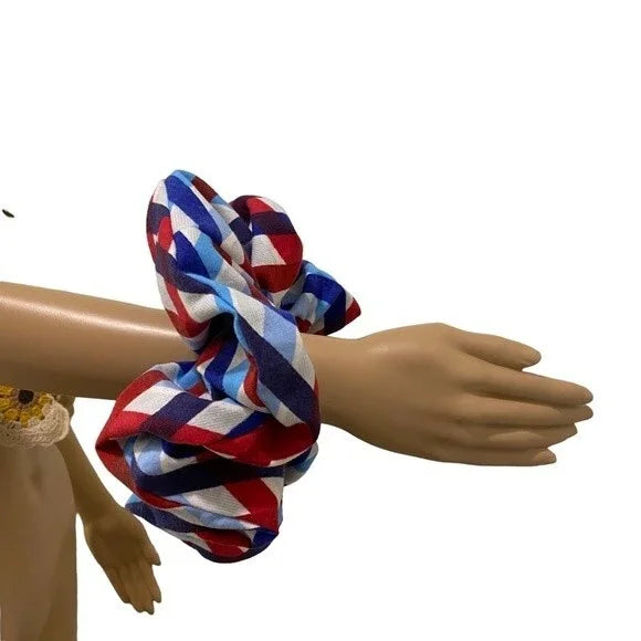 XXL Geometric Red, Blue & White Scrunchie – Extra Large 90% Polyester 10% Cotton Hair Accessory