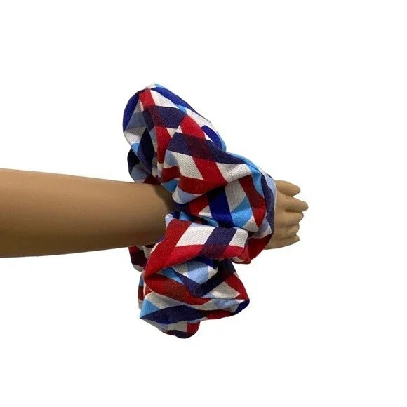 XXL Geometric Red, Blue & White Scrunchie – Extra Large 90% Polyester 10% Cotton Hair Accessory