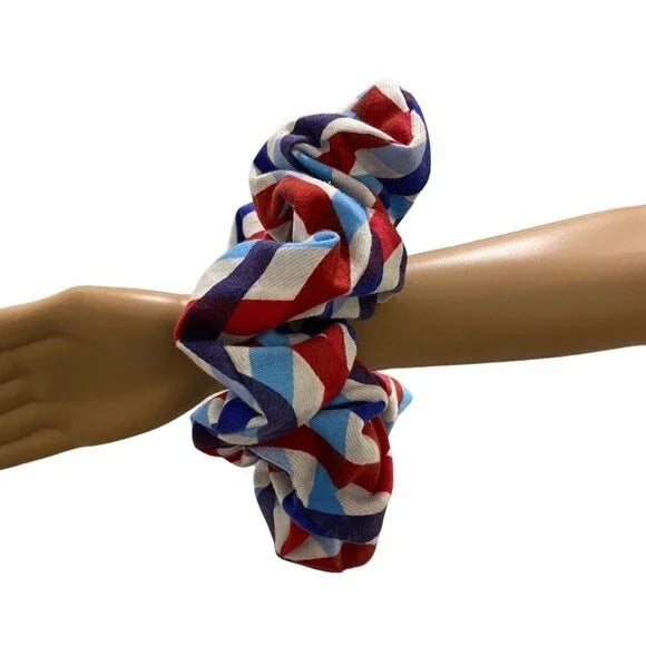 XXL Geometric Red, Blue & White Scrunchie – Extra Large 90% Polyester 10% Cotton Hair Accessory