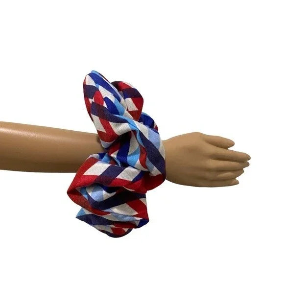 XXL Geometric Red, Blue & White Scrunchie – Extra Large 90% Polyester 10% Cotton Hair Accessory