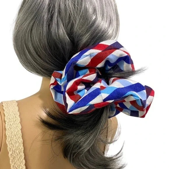 XXL Geometric Red, Blue & White Scrunchie – Extra Large 90% Polyester 10% Cotton Hair Accessory