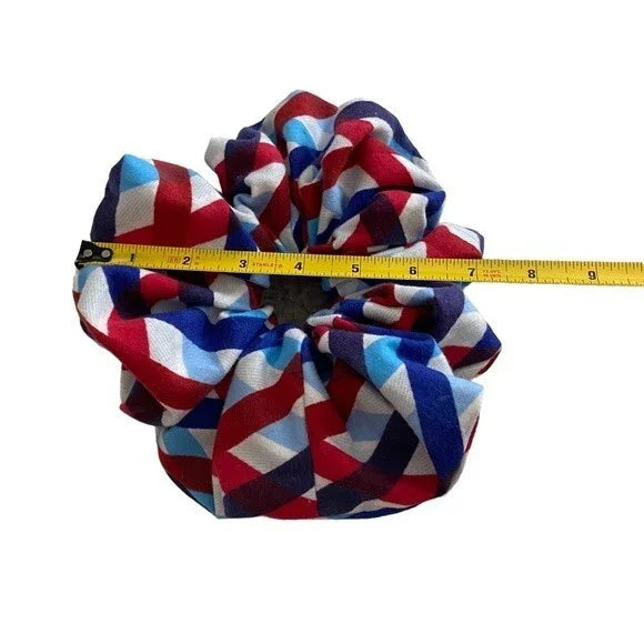 XXL Geometric Red, Blue & White Scrunchie – Extra Large 90% Polyester 10% Cotton Hair Accessory