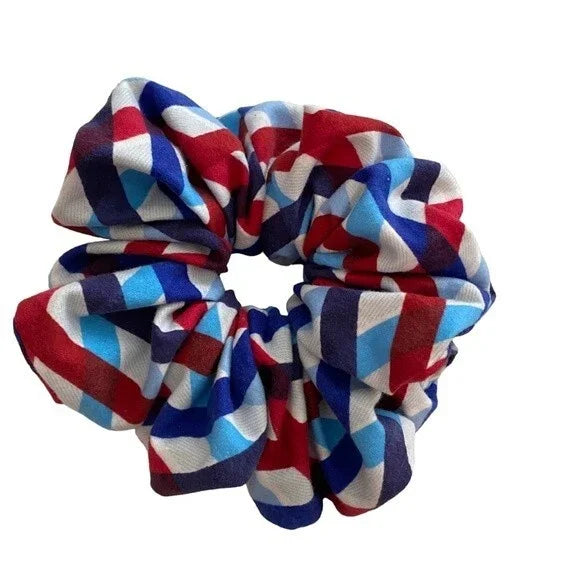 XXL Geometric Red, Blue & White Scrunchie – Extra Large 90% Polyester 10% Cotton Hair Accessory