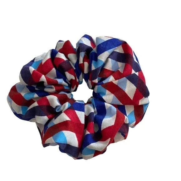 XXL Geometric Red, Blue & White Scrunchie – Extra Large 90% Polyester 10% Cotton Hair Accessory