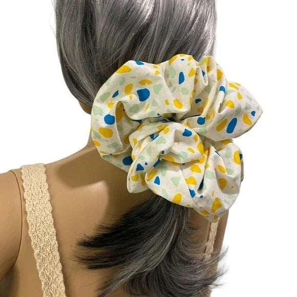 XXL Yellow and Blue Water Color Stains Print Cotton Scrunchie – Extra Large 100% Cotton Hair Accessory