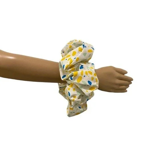 XXL Yellow and Blue Water Color Stains Print Cotton Scrunchie – Extra Large 100% Cotton Hair Accessory