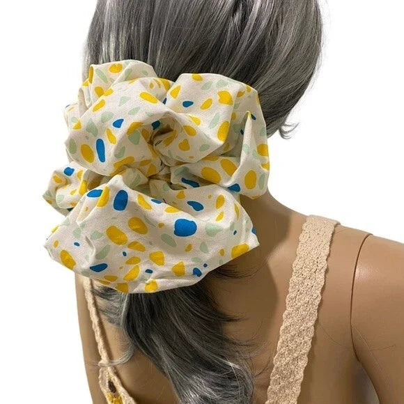XXL Yellow and Blue Water Color Stains Print Cotton Scrunchie – Extra Large 100% Cotton Hair Accessory