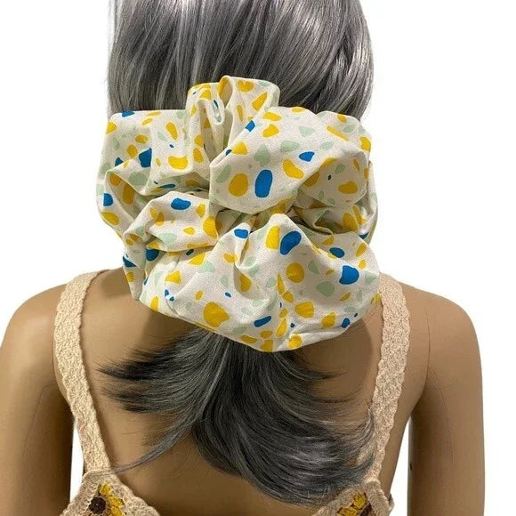 XXL Yellow and Blue Water Color Stains Print Cotton Scrunchie – Extra Large 100% Cotton Hair Accessory
